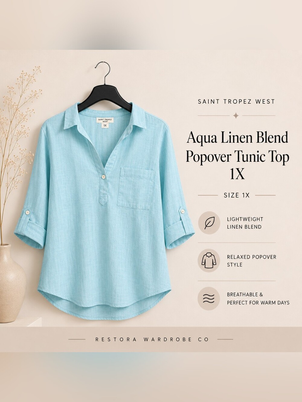 Saint Tropez West Aqua Linen Blend Popover Tunic Top 1X